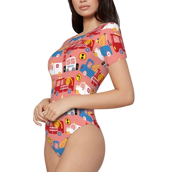 Goofa Cartoon with Traffic Elements Printed Women Rash Guard Short Sleeve,Tummy control Swimsuit Surfing Swimsuit Bathing Suit One Piece Swimsuit UPF 50-