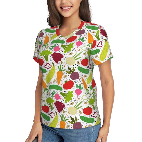 Goofa Cartoon Vegetables Pattern Women's Slim-Fit Short-Sleeve V-Neck T-Shirt,Classic-Fit Short-Sleeve V-Neck T-Shirt-XX-Large