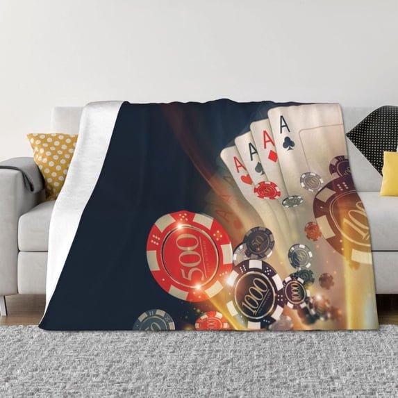 Goofa Casino Poker Chips Pattern Fleece Throw Blanket for Couch, Soft Checkered Flannel Blanket for Sofa, Warm Cozy Decorative Blanket Fall Decor Gift-50"x40"