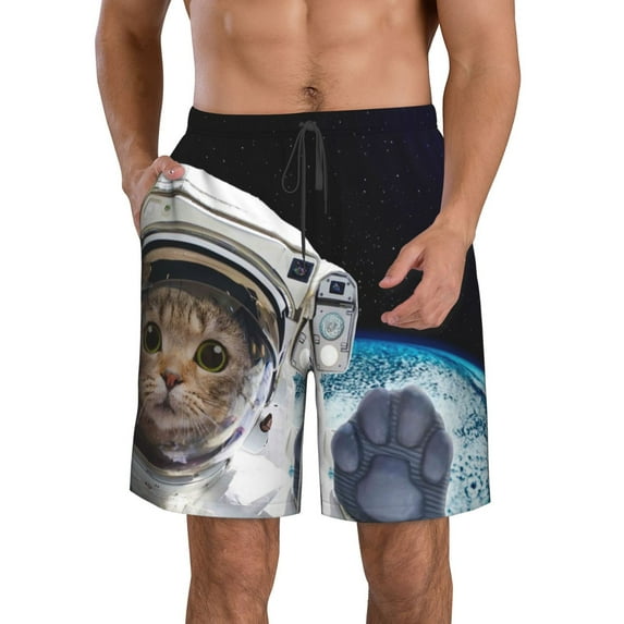 Goofa Cat Astronaut Printed Mens Swim Trunks Summer Quick Dry Short Beach Swimwear Bathing Suits-XX-Large