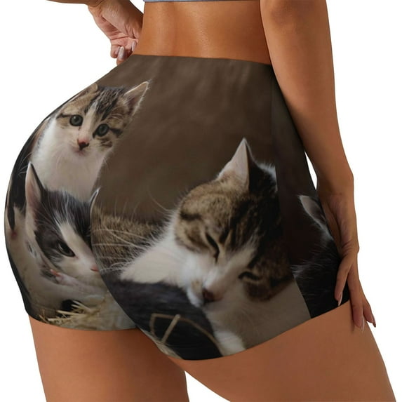 Goofa Cat Family Printed Workout Shorts Women Seamless Scrunch Butt Lifting High Waisted Gym Booty Shorts Elastic Workout Shorts-Medium