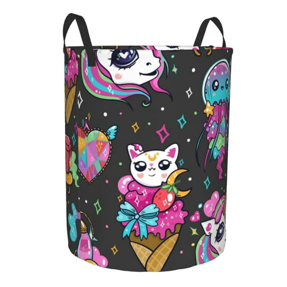 Goofa Cat Icecream Printed Circular Hamper,Laundry Basket with Handles,Storage Baskets Foldable,Large Capacity Laundry Hamper-Small