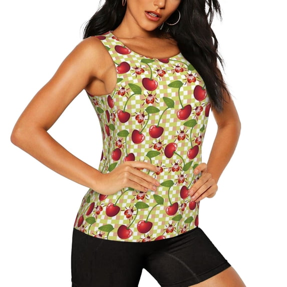 Goofa Cherries and Ladybirds Printed Womens Workout Tops for Women Sleeveless Yoga Shirts Athletic Running Tank Tops Sleeveless Gym Clothes Workout Apparel-