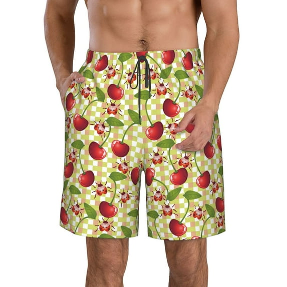 Goofa Cherries and Ladybirds Printed Mens Swim Trunks Summer Quick Dry Short Beach Swimwear Bathing Suits-Large