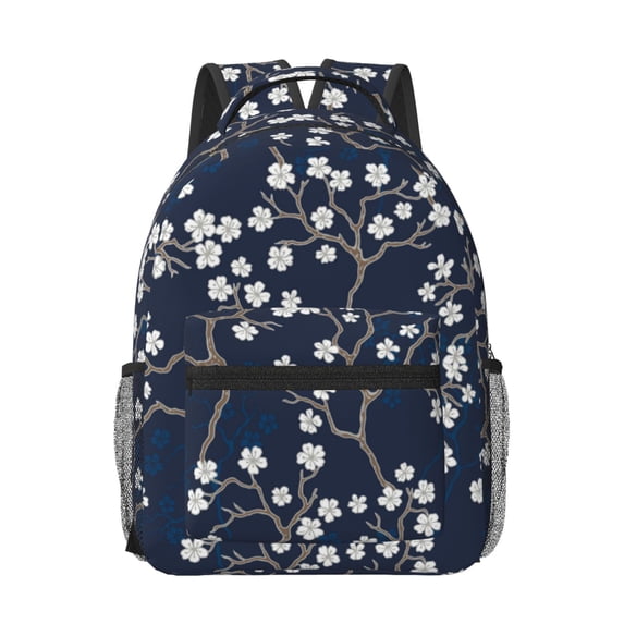 Goofa Cherry Blossoms on Navy Background Pattern Comfortable Student Backpack - Ergonomic Design, Durable, Water-Resistant, Multi-Compartment,Travel, and Outdoor Activities