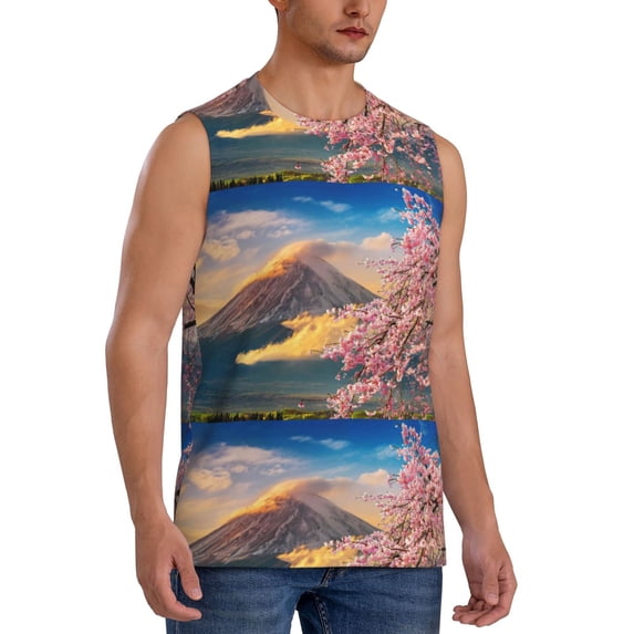 Goofa Cherry Blossoms Printed Men's Sleeveless T-Shirt - Athletic Gym Workout Tank Top for Men - Moisture-Wicking, UPF 30+ Quick-Dry Muscle Tee-Large