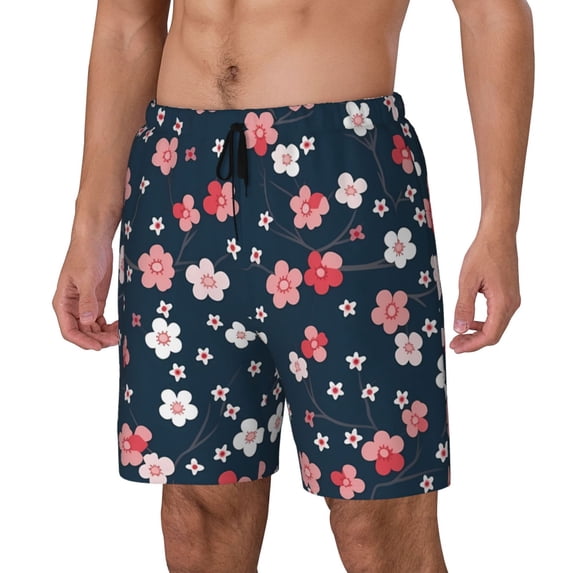 Goofa Cherry Blossoms Printed Men's Swim Trunks Board Shorts Quick Dry Mens Swimming Trunks with Compression Liner,Breathable Fit Hawaii Beach Shorts-X-Large
