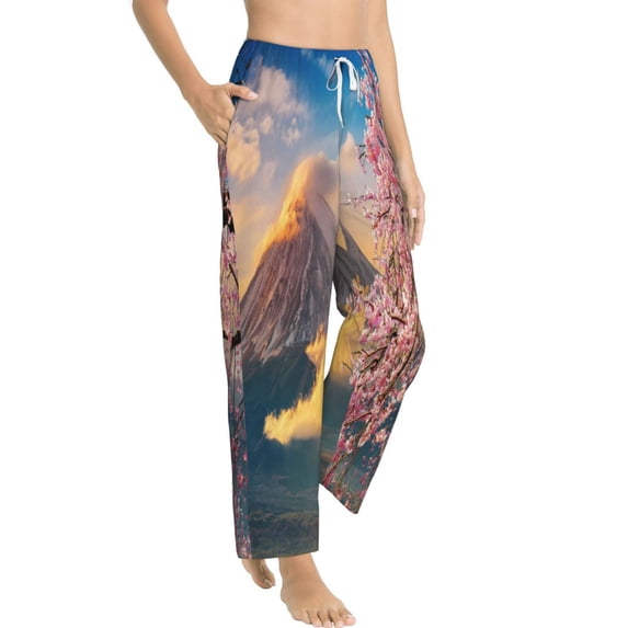 Goofa Cherry Blossoms Printed Soft Pajama Pants for Women, Wide Leg Comfy Casual Lounge Yoga Pants-X-Large