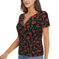 thumbnail image 1 of Goofa Cherry Pattern Womens Deep V Neck Low Cut Tops Casual Summer Short Sleeve Ribbed Knit T-Shirts-Large, 1 of 5