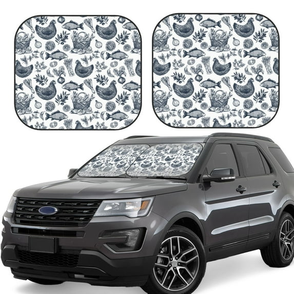 Goofa Chicken And Fish Pattern 2 Piece Car Windshield Sun Shade Foldable | Front Windshield Shade for Sun, Heat and UV Rays | Sunshade for Car Front Window-Small