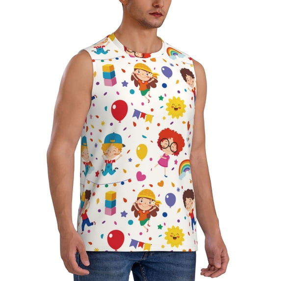 Goofa Childrens Party Printed Men's Sleeveless T-Shirt - Athletic Gym Workout Tank Top for Men - Moisture-Wicking, UPF 30+ Quick-Dry Muscle Tee-Medium