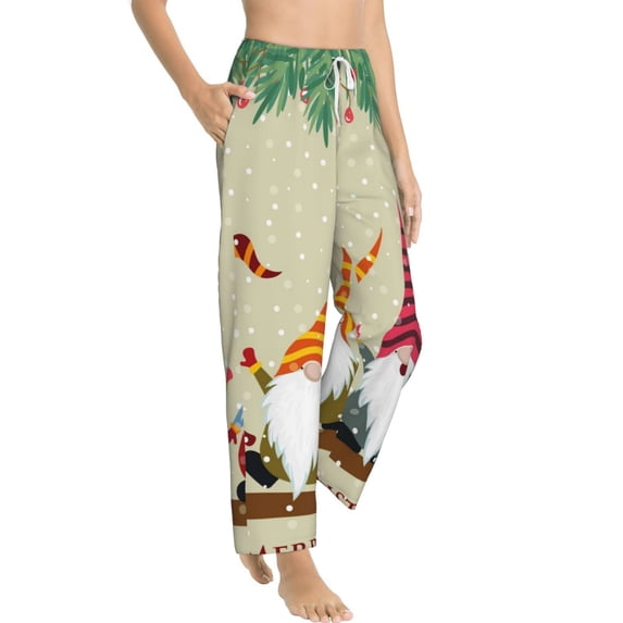 Goofa Christmas Card With Gnomes Printed Soft Pajama Pants for Women, Wide Leg Comfy Casual Lounge Yoga Pants-Large