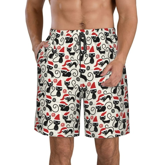 Goofa Christmas Cat Printed Mens Swim Trunks Summer Quick Dry Short Beach Swimwear Bathing Suits-