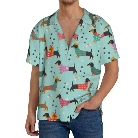Goofa Christmas Dachshund Printed Men's Casual Short-sleeved Shirt,Lightweight Breathable Button-down,Summer Casual men's top,Versatile Fashion shirt-4X-Large