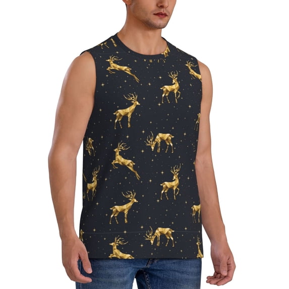 Goofa Christmas Deers Printed Men's Sleeveless T-Shirt - Athletic Gym Workout Tank Top for Men - Moisture-Wicking, UPF 30+ Quick-Dry Muscle Tee-Large