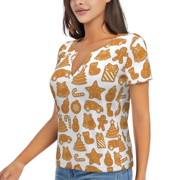 Goofa Christmas Elements Pattern Womens Deep V Neck Low Cut Tops Casual Summer Short Sleeve Ribbed Knit T-Shirts-Large