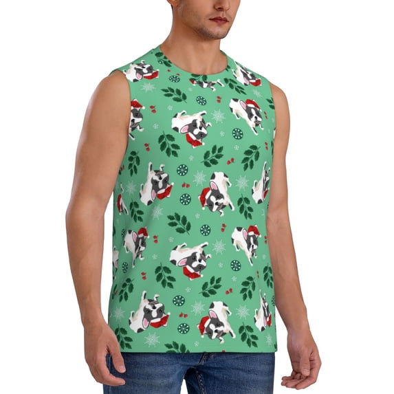 Goofa Christmas French Bulldog Printed Men's Sleeveless T-Shirt - Athletic Gym Workout Tank Top for Men - Moisture-Wicking, UPF 30+ Quick-Dry Muscle Tee-
