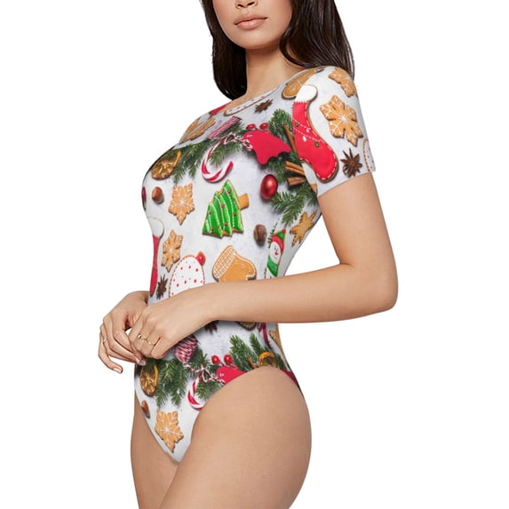 Goofa Christmas Gingerbread Cookies Printed Women Rash Guard Short Sleeve,Tummy control Swimsuit Surfing Swimsuit Bathing Suit One Piece Swimsuit UPF 50-Small