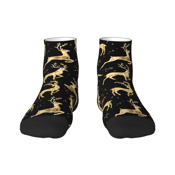 Goofa Christmas Gold Deers Pattern Non Slip Socks with Grips for Elderly, Crew Socks Yoga Hospital Socks Cushioned Sole Gripper Socks for Men Women