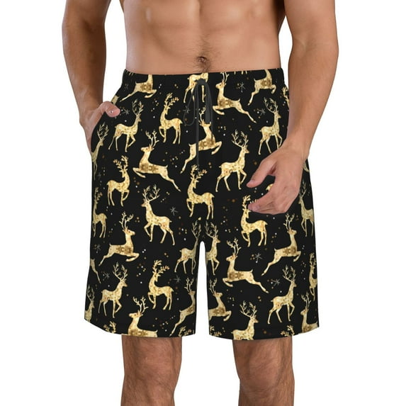 Goofa Christmas Gold Deers Printed Mens Swim Trunks Summer Quick Dry Short Beach Swimwear Bathing Suits-3X-Large