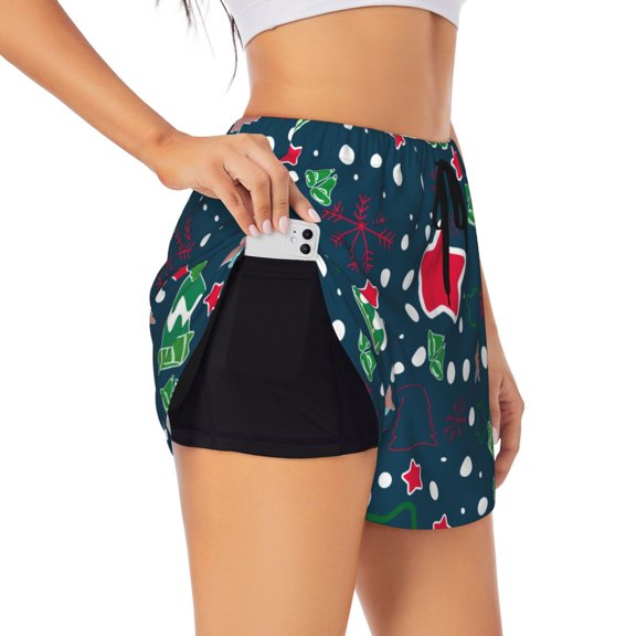 Goofa Christmas Printed Women 2 in 1 Running Shorts,Quick Dry Athletic Workout Shorts,High Waisted Athletic Shorts with Liner Pockets-