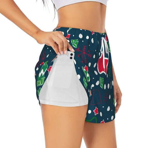 Goofa Christmas Printed Women 2 in 1 Running Shorts,Quick Dry Athletic Workout Shorts,High Waisted Athletic Shorts with Liner Pockets-X-Large