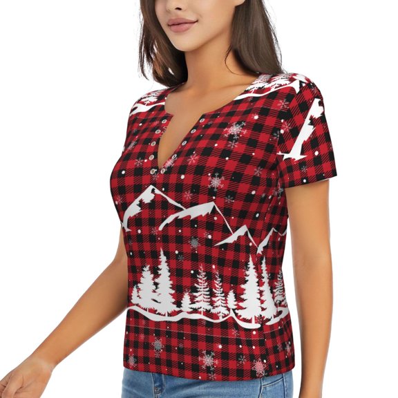 Goofa Christmas Tree Buffalo Plaid Pattern Womens Deep V Neck Low Cut Tops Casual Summer Short Sleeve Ribbed Knit T-Shirts-Small