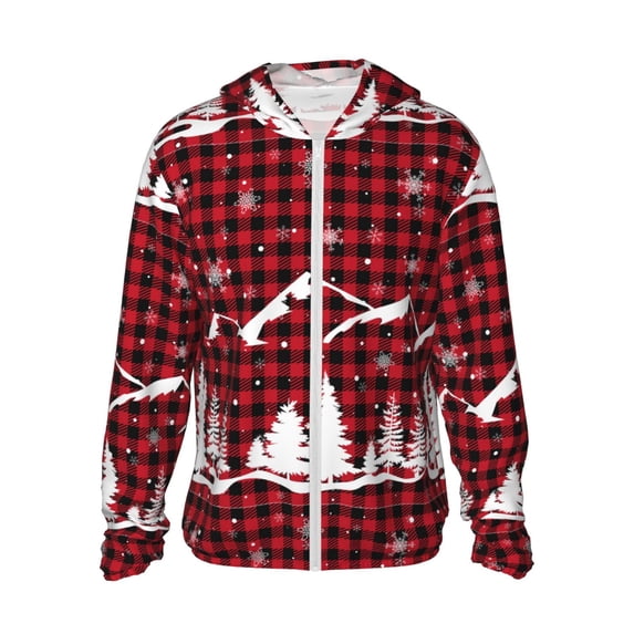 Goofa Christmas Tree Buffalo Plaid Printed Women's UPF 50+ Sun Protection Hoodie Jacket Lightweight Long Sleeve Sun Shirt for Women with Pocket Hiking Outdoor-3X-Large