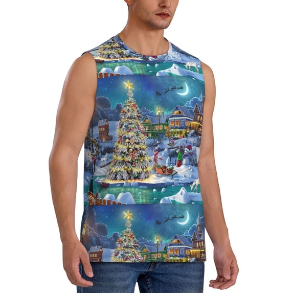Goofa Christmas Tree Printed Men's Sleeveless T-Shirt - Athletic Gym Workout Tank Top for Men - Moisture-Wicking, UPF 30+ Quick-Dry Muscle Tee-Small