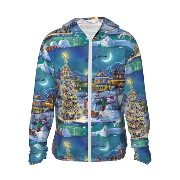 Goofa Christmas Tree Printed Women's UPF 50+ Sun Protection Hoodie Jacket Lightweight Long Sleeve Sun Shirt for Women with Pocket Hiking Outdoor-X-Large