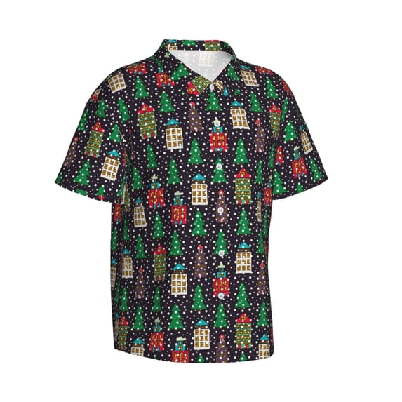 Goofa Christmas Trees And Houses Hawaiian Shirt for Men, Unisex Summer Beach Casual Short Sleeve Button Down Shirts,Aloha Tropical Floral print shirt-Large