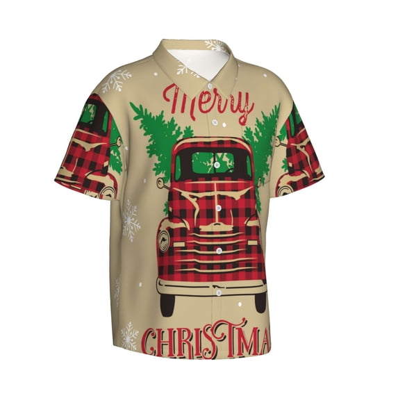 Goofa Christmas Vintage Red Truck Hawaiian Shirt for Men, Unisex Summer Beach Casual Short Sleeve Button Down Shirts,Aloha Tropical Floral print shirt-Large