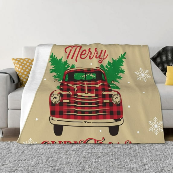 Goofa Christmas Vintage Red Truck Pattern Fleece Throw Blanket for Couch, Soft Checkered Flannel Blanket for Sofa, Warm Cozy Decorative Blanket Fall Decor Gift-60"x50"