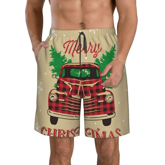 Goofa Christmas Vintage Red Truck Printed Mens Swim Trunks Summer Quick Dry Short Beach Swimwear Bathing Suits-Small