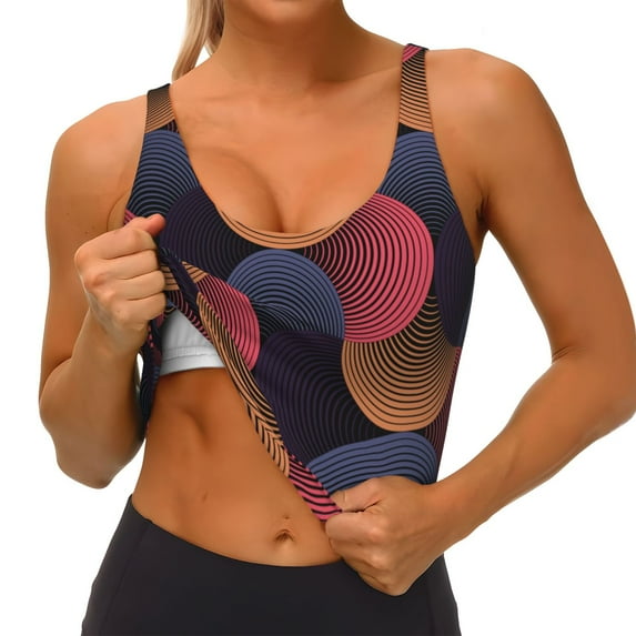 Goofa Circular Stripes Printed Sports Bras for Women, High Impact Running Bra Workout Crop Tank Tops Longline Sports Bra Push up-Small