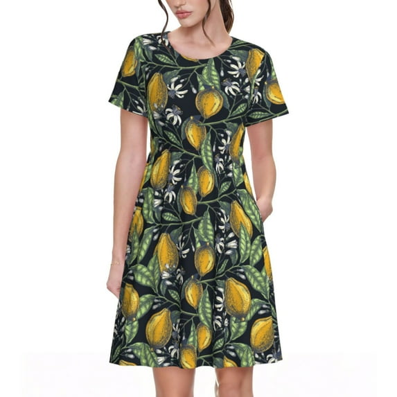 Goofa Citrus Fruits Elegant Lemons Pattern Women Summer Short Sleeve Midi Dress with Pockets Casual Aline Flowy Tshirt Dress Vocation Beach Sundress