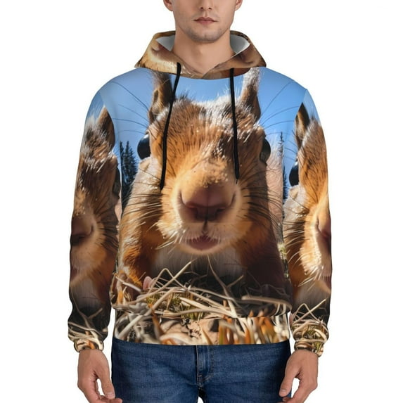 Goofa Close-Up Curious Squirrel for Men's Hooded Sweatshirt - Lightweight Pullover Hoodie with Kangaroo Pocket, Perfect for Everyday Wear-Small