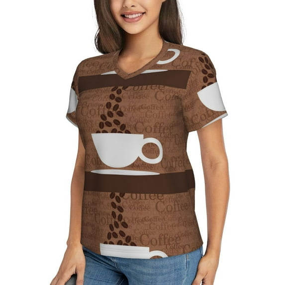 Goofa Coffee Cafe Cup Pattern Women's Slim-Fit Short-Sleeve V-Neck T-Shirt,Classic-Fit Short-Sleeve V-Neck T-Shirt-X-Large