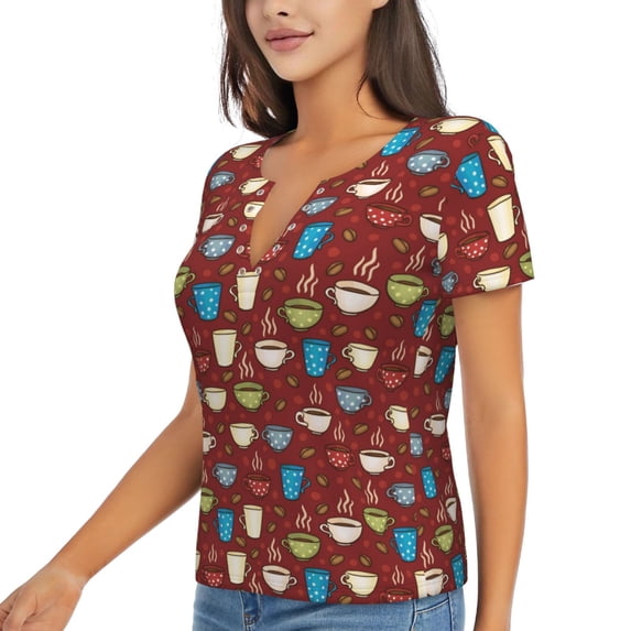 Goofa Coffee Cups Pattern Womens Deep V Neck Low Cut Tops Casual Summer Short Sleeve Ribbed Knit T-Shirts-Large
