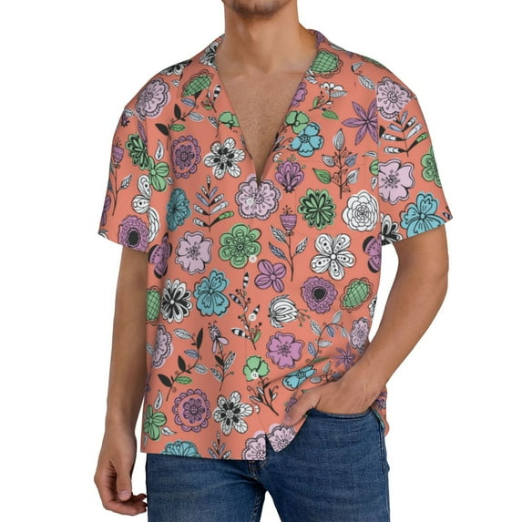 Goofa Color Flowers Printed Men's Casual Short-sleeved Shirt,Lightweight Breathable Button-down,Summer Casual men's top,Versatile Fashion shirt-3X-Large