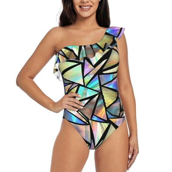Goofa Colored Glass Pattern Women's One Piece Swimsuits Tummy Control Bathing Suits Asymmetric One Shoulder Swimwear-XX-Large