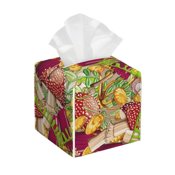 Goofa Colored Large Mushrooms and Leaves Tissue Box Cover PVC Leather Tissue Holder Square Facial Tissue Case Facial Paper Organizer Dispenser for Bathroom, Vanity Countertop
