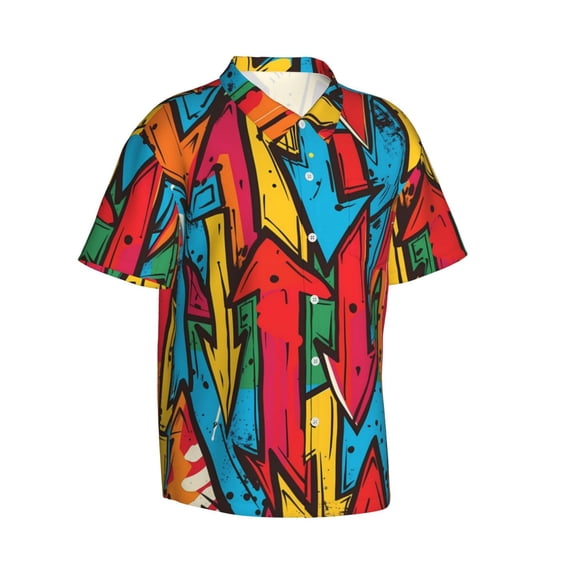 Goofa Colorful Arrow Graffiti Pattern Hawaiian Shirt for Men, Unisex Summer Beach Casual Short Sleeve Button Down Shirts,Aloha Tropical Floral print shirt-3X-Large