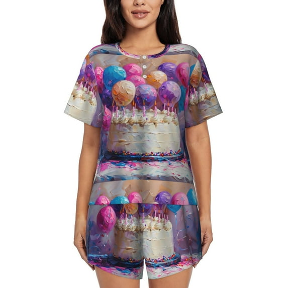 Goofa Colorful Balloon Cake Celebration for Womens Cotton 2 Piece Pajamas Set Classic Short Sleeve Pjs Set Soft Button Down Sleepwear Loungewear-3X-Large