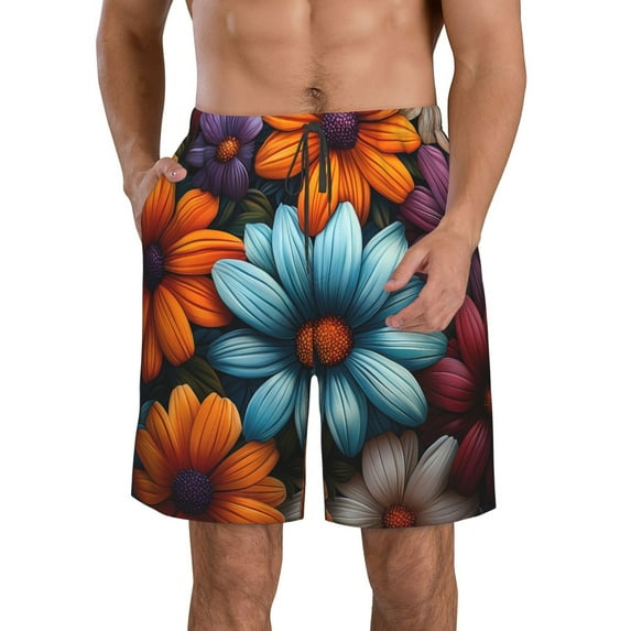 Goofa Colorful Blooming Flowers Printed Mens Swim Trunks Summer Quick Dry Short Beach Swimwear Bathing Suits-Small
