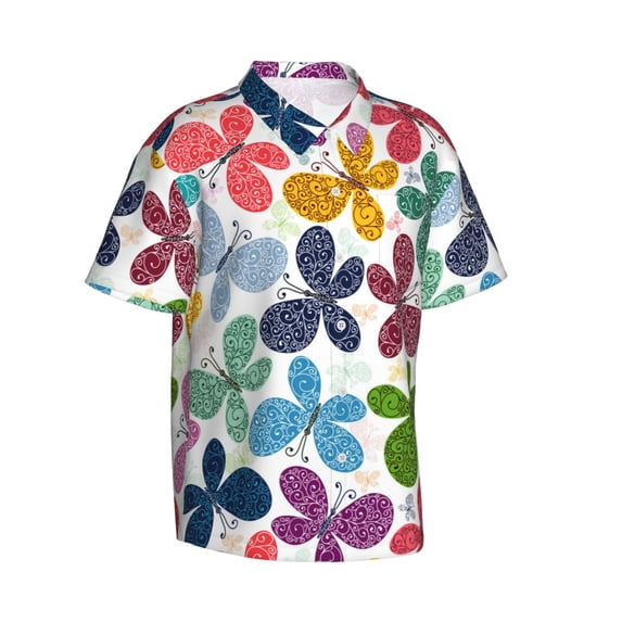 Goofa Colorful Butterflies Hawaiian Shirt for Men, Unisex Summer Beach Casual Short Sleeve Button Down Shirts,Aloha Tropical Floral print shirt-XX-Large