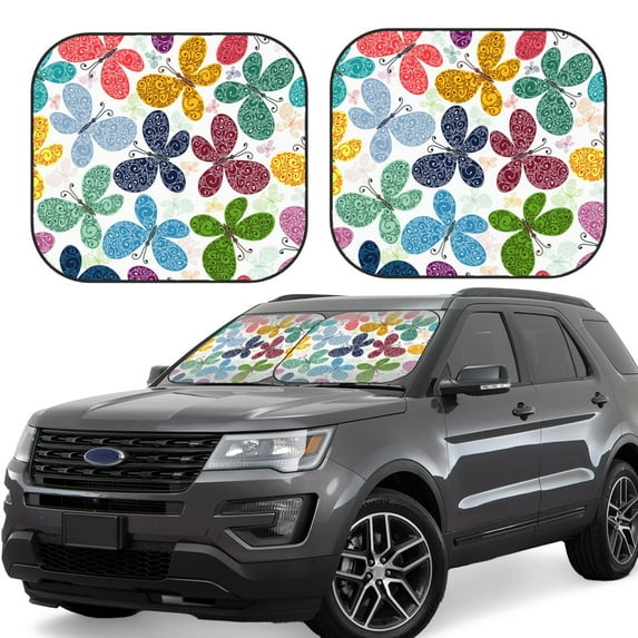 Goofa Colorful Butterflies Pattern 2 Piece Car Windshield Sun Shade Foldable | Front Windshield Shade for Sun, Heat and UV Rays | Sunshade for Car Front Window-Small