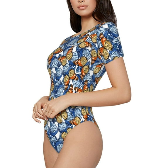 Goofa Colorful Butterfly1 Printed Women Rash Guard Short Sleeve,Tummy control Swimsuit Surfing Swimsuit Bathing Suit One Piece Swimsuit UPF 50-Large