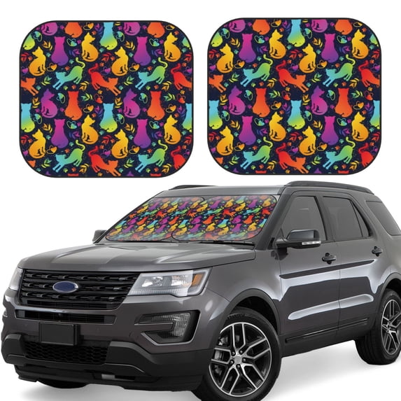 Goofa Colorful Cats Pattern 2 Piece Car Windshield Sun Shade Foldable | Front Windshield Shade for Sun, Heat and UV Rays | Sunshade for Car Front Window-