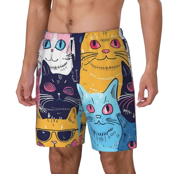 Goofa Colorful Cats Pattern Art Printed Men's Swim Trunks Board Shorts Quick Dry Mens Swimming Trunks with Compression Liner,Breathable Fit Hawaii Beach Shorts-X-Large